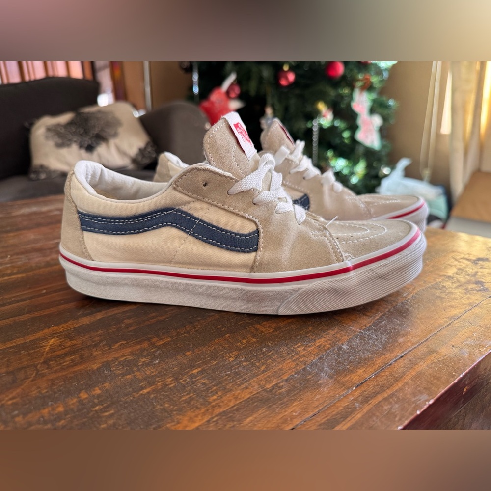 Vans Sk8-Lo Sneaker Shoe Suede Skater Leather Unisex Cream Blue Red M 7 W8.5